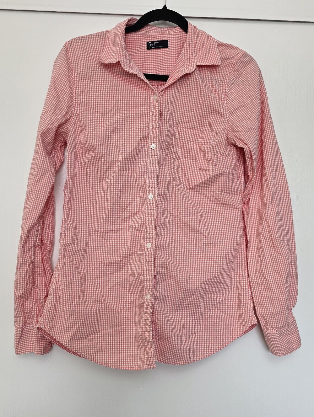 GAP - (Tall) Cotton Salmon-Pink & White Gingham Button-Down Long-Sleeve Shirt